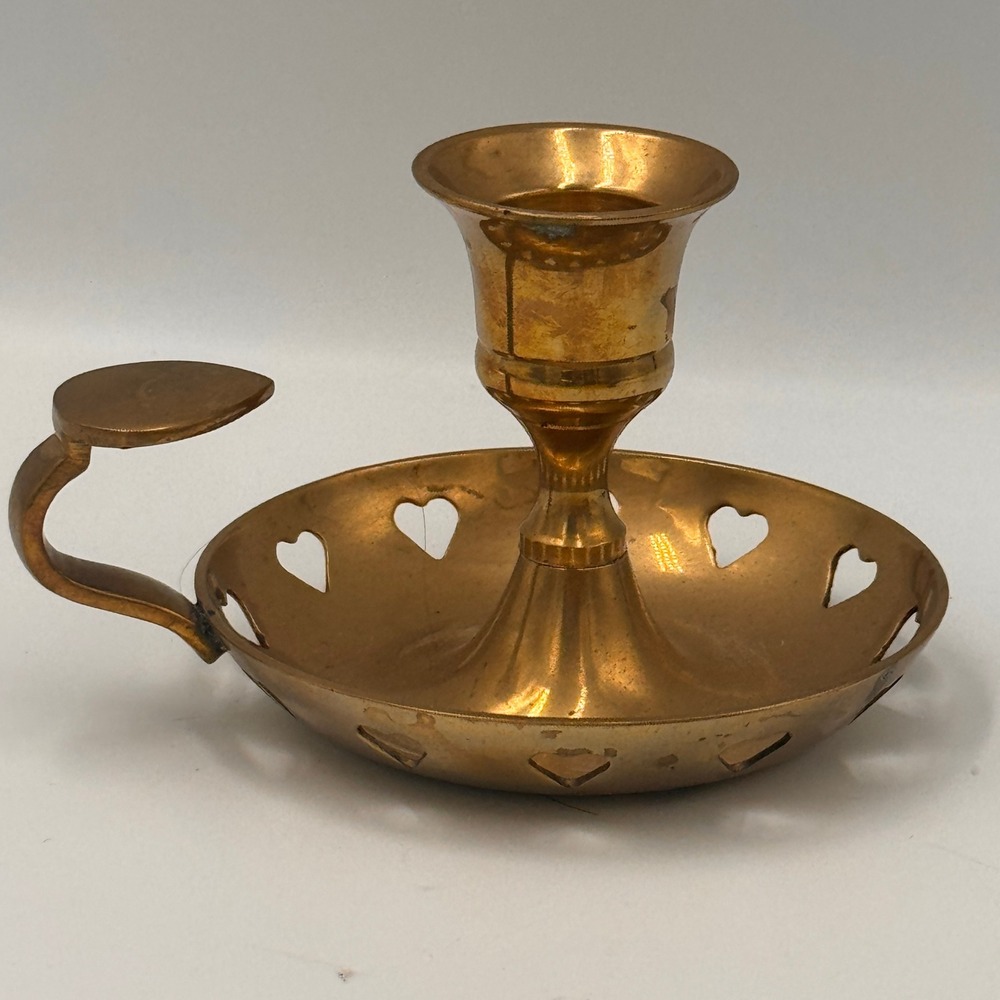 Vintage Brass Chamberstick Candle Holder Heart Cutouts Finger Loop Handle Gold